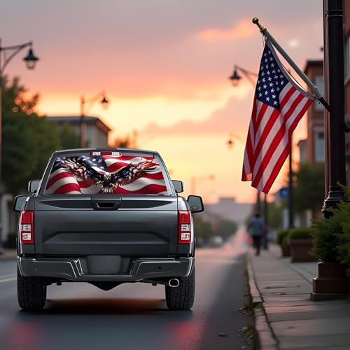 Image of Back Window Decals for Trucks - 65x17.3 in American Flag Window Decal Rear Window Decals for Truck Decor, Creative Truck Rear Window Decal for Personalized Decoration - Eagle-15-S