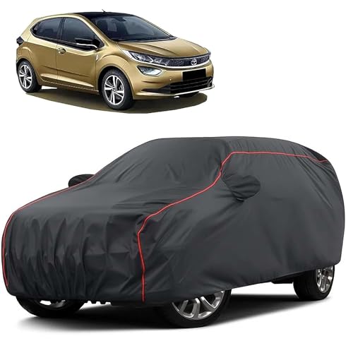 Image of Sulfar 100% Water Resistant Car Body Cover Compatible with Mirror for Tata Altroz (Triple Stitched, Full Bottom Elastic, Dark Grey Taffeta with Red Piping)