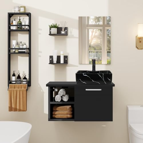 YU YUSING Ensemble de Meubles de Salle de Bain avec Lavabo Miroir et Porte-Serviette, 3 Étagères Murale, Armoire Meuble de Rangement, Vasque à Poser,...