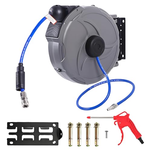 エアーホースリール 12m 伸縮式スプリング ホースリール 自動巻き取り 壁掛け 180°回転 エアホース 外径φ12mm 内径8mm ブラケット付 エアーダスター ネイルガン エアードリル 空気圧工具 車整備 工場 洗車場 家庭菜園