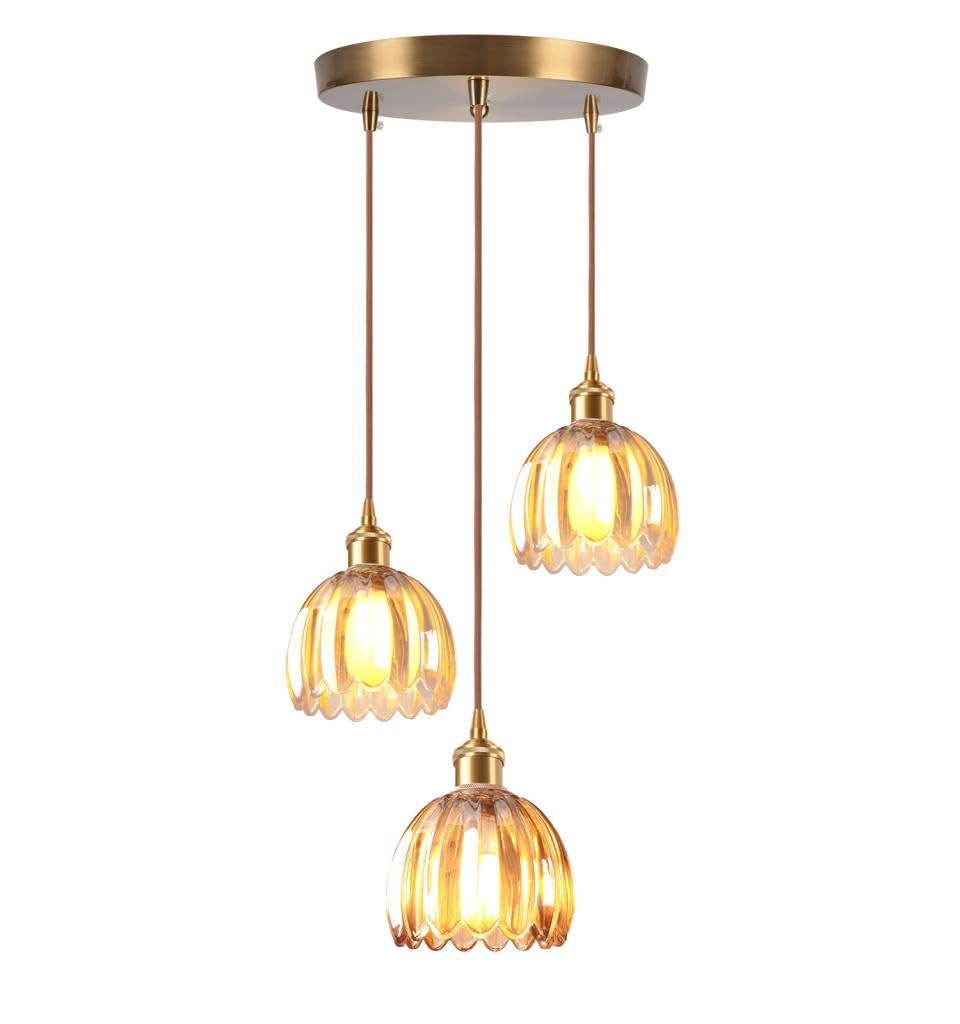 LIGINOK 3 Lights Pendant Lights Vintage Chandelier Ceiling Lights Orange Glass Flowers E27 Hanging Lamp Adjustable Height for Dining TableLiving Room Kitchen