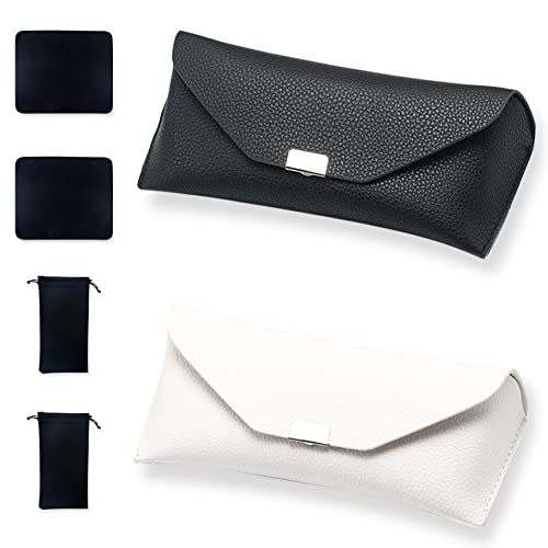 Image of 2Pcs Leather Glasses Case Hard Shell, Sunglasses Case, Eyeglass Case with 2Pack Glasses Bags and Microfiber Cloths