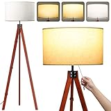 SUNMORY Lampara de pie, Lampara de pie Salon con Trípode de Madera con 3 Temperaturas de Color, Bombilla LED de 9W e Interruptor de Cadena, Base E27, Para Dormitorio, Sala de Estudio y Oficina, Lino