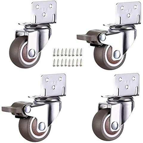 uoboeuq 4 Pack 1 Inch Small L-Shaped Plate Swivel Caster Combo, TPR Rubber Wheel Metal Housing Caster L-Shape Side Mount Plate for Furniture, 80Lbs/36Kg Load Capacity - 2 Swivel 2 Swivel w/Brake Cover