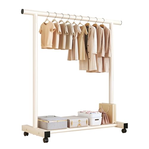 ZIHQRgE Burro Ropa de Metal con Ruedas Organizador Independiente con Barra Superior y Estante Inferior para Dormitorio, Salón, Entrada(Beige,150x40x155cm)