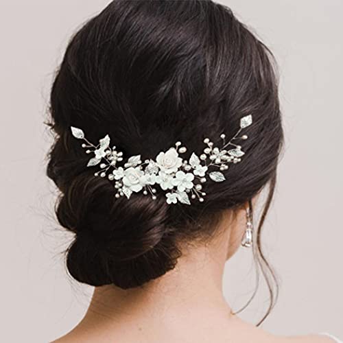 Casdre Flower Bride Wedding Hair Vine Pearl Bridal Headpiece Leaf Hair Accessories Hair Piece For Women And Girls (A Silver) #TOP3