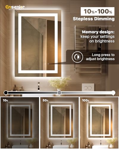 Ensenior LED Bathroom Mirror 30"x 36" with Front and Backlight, Stepless Dimmable Wall Mirrors with Anti-Fog, Shatter-Proof, Memory, 3 Colors, Modern LED Vanity Mirror-FCC