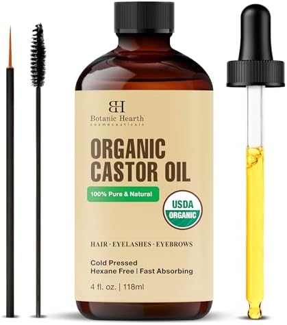 Botanic Hearth Castor Oil | USDA Certified Organic |100% Pure & Hexane Free | Cold Pressed | Growth for Eyelashes, Eyebrows, Hair | With Eyebrow & Eyelash Brush | 4fl oz