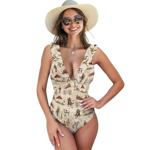 Suhoaziia Traje de baño de una pieza para mujer, con control de abdomen, modesto, volantes, cuello en V, traje de baño adelgazante con lazo en la espalda, tallas XS-XXL, Western Cowboy Horses, XL