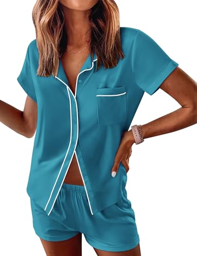 Image of Ekouaer Womens Pajama Sets Button Down Lounge Set 2 Piece Loungewear Soft Sleepwear Short Sleeve Pjs with Pockets