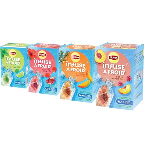 Lipton Infuse à Froid, Assortiment de 4 Parfums, Boisson d'été rafraichissante, Eau aromatisée healthy, Grenade Hibiscus, Pêche Framboise, Mangue Rooibos, Menthe Citron Vert, 60 sachets Pyramid