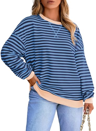 Image of Eytino Women Plus Size Striped Color Block Crewneck Sweatshirt(1X-5X)