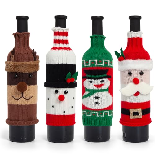 4-Piece Christmas Wine Bottle Cover, featuring Santa Claus, Snowman, and Reindeer Wine Bottle Decorations，Cozy Christmas Party Favor for Hostess, Friends, Neighbors, Coworkers