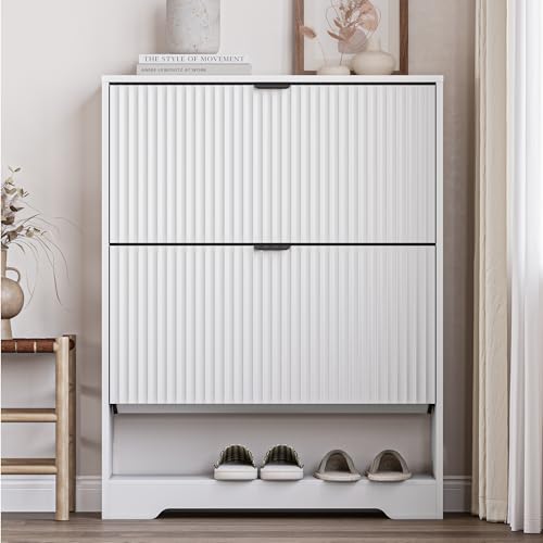 Image of BORNOON Shoe Cabinet with 2 Flip Drawers, Fluted Shoe Storage Cabinet with Adjustable Shelves, Freestanding Rack and Organizer for Entryway, Closet, Hallway