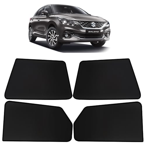 Image of OTO2EYE Car Sun Shade Compatible for Maruti Suzuki Baleno Model 2022 to 2025, Z-Black Fix Type Side Window Curtains, Only Half Cut in Front Window, 4 Pieces Set