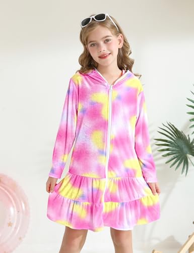 Image of Girls Swim Cover Up Kids Long Sleeve Swimsuit Coverup Terry Beach Pool Clothes with Sunglasses