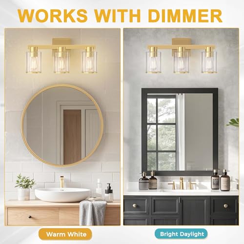 Image of L LOHAS LED Gold Bathroom Vanity Light Over Mirror, 3 Lights Bathroom Light Fixture with Clear Glass Shade, Modern Vanity Light for Living Room Hallway Cabinet Bedroom