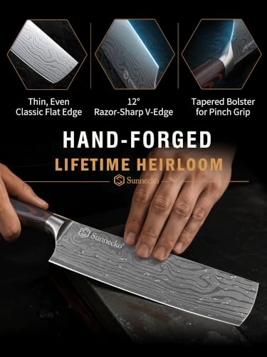 Image of Sunnecko Nakiri Knife - 7 inch Kitchen Knife for Meat Cleaver and Vegetable Chopping, 12 Edge Razor Sharp High Carbon Stainless Steel Asian Chef Knife with Sheath, Kitchen Gift for Home Cooks Men