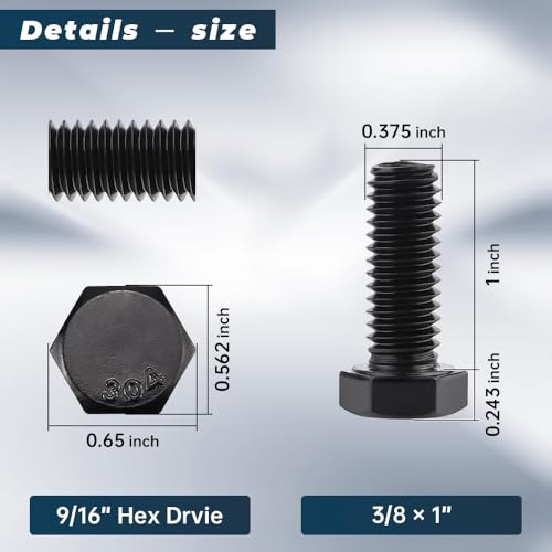 Image of Glvaner 3 /8-16 x 1 Stainless Steel Hex Head Screws Bolts, Black Coated, 304 Stainless Steel 18-8, Hexagon Head Bolts, Full Thread, 10 pcs