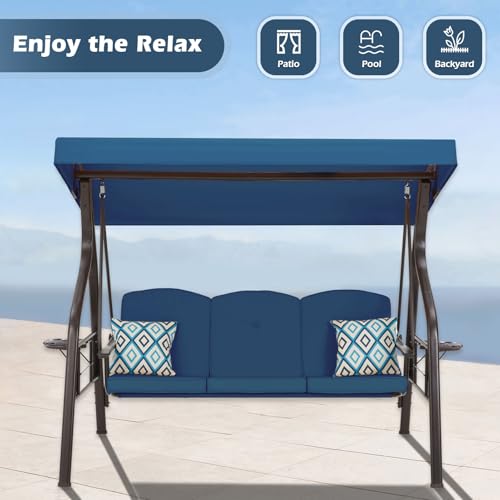 Image of ZZW 3-Seat Outdoor Porch Swing with Stand, Patio Swing with Canopy, 2 in 1 Porch Swing Bed & Patio Swing Chair for Adult, Yard Swing w /Extra Pillows and Cup Holder (Blue)