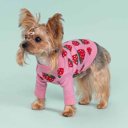 Image of Fitwarm Adorable Strawberry Dog Sweater, Thermal Dog Winter Clothes for Small Dogs Girl, Pet Outfit, Pink, Red, White, Green, XS