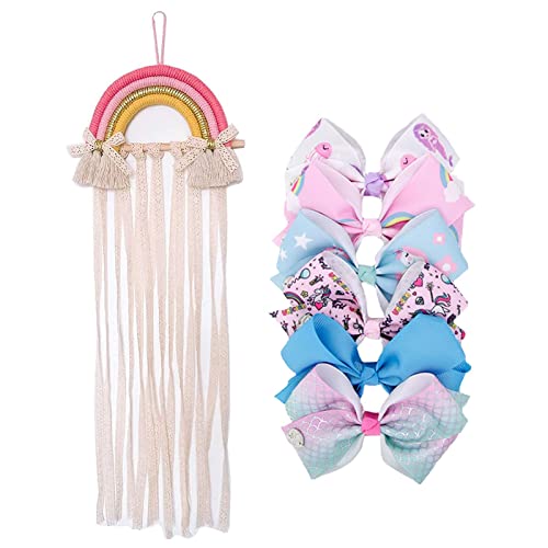Image of UKYLIN Hair Bow Holder for Girls, Rainbow Bow Organizer with Burlap Lace Ribbon, Hair Accessories Storage and Decoration, 29.5 inch(Height) x 11.8 inch(width), Pink with Bows, Includes 6 Hair Clips