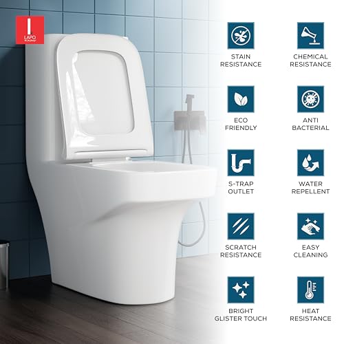 LAPO Premium Commodes for Toilet, S Trap 9 inch Outlet, One Piece Commode with Soft Close Toilet Seat, Ceramic One Piece Western Toilet with Syphonic Tornado Flush (Dove, 7 Yrs Warranty) - White