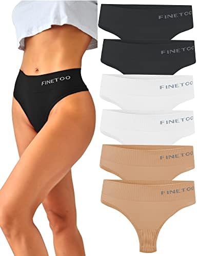 FINETOO 6-Pack String Thongs Ladies Tummy Control Thongs Set Breathable Thong Women Underpants High Waist Underwear Soft Panties Multipack S-XL
