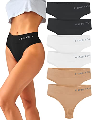 FINETOO 6-Pack String Thongs Ladies Tummy Control Thongs Set Breathable Thong Women Underpants High Waist Underwear Soft Panties Multipack S-XL