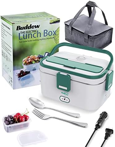 Buddew Electric Lunch Box 70W Food Heater 3 in 1 12V/24V/110-230V Portable Lunch Warmer (1.8L Large-Capacity) Heated Lunch Box for Car/Truck/Home/Office with Carry Bag and Fork and Spoon(Green)