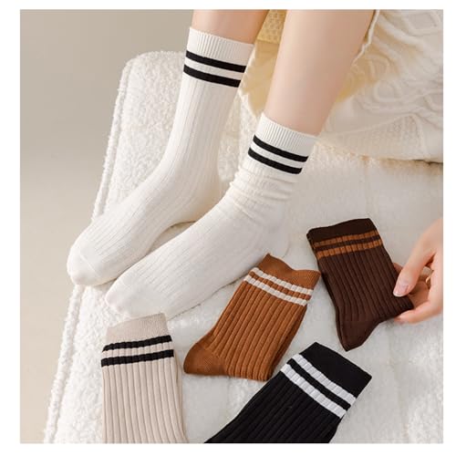 Image of Deeorla Womens Striped Crew Socks Brown Vintage Retro Athletic Socks 5 Pairs