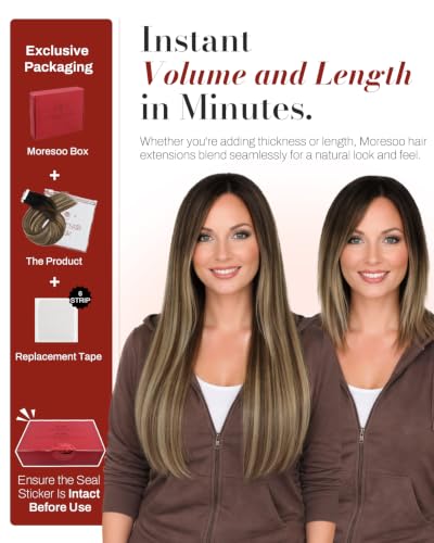 Image of Moresoo Black Brown Tape in Hair Extensions Human Hair 14in 20Pcs 50g | Invisible tape in hair extensions, dark brown mids, caramel blonde highlights, skin weft tabs, blowout and weekend looks