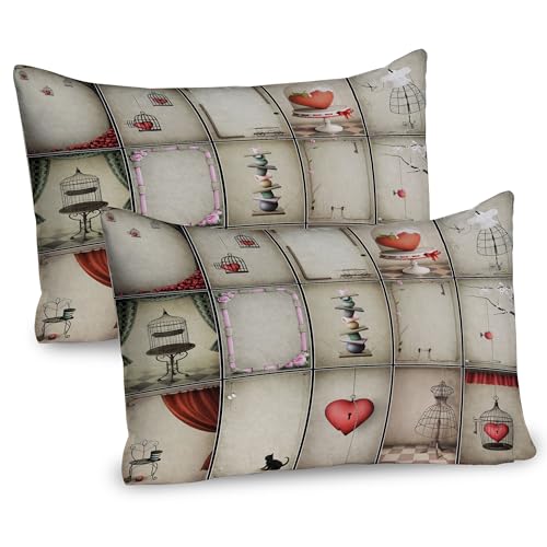 Ambesonne Vintage Pillow Sham Set of 2, Valentines Day Inspired Hearts in Captivity Retro Elements Dresses and Cat, Quality Microfiber Bedding Item for All Seasons, 36