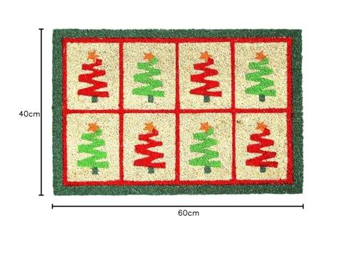 Image of Onlymat Christmas Tree Printed Designer Doormat (Green & Red) Rectangular Shaped Durable Entryway Rug Natural Coir Material with PVC Backing for Indoor and Outdoor use, 40x60 cm