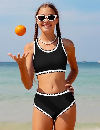 WIQI Girls Swimsuit Bikini Set 2 Piece Bathing Suit Cute Sporty Color Contrast Trim Kids Girls' Swimwear Size 10 Size 9 Black2