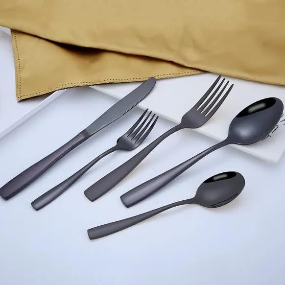 Image of aDai Premium Cutlery Set | Stainless Steel Tableware | Mirror Finish | Includes Spoon Fork Knife & Teaspoon | Elegant Flatware Set for Dining, Parties & Gifting (Black, Set of 20)