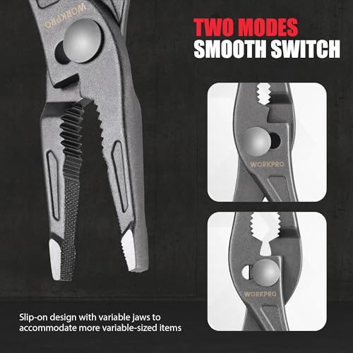 Image of WORKPRO 8-Inch Long Nose Slip Joint Pliers, CR-V Steel Needle Nose Pliers | Comfortable Grip Handles, 3-Zone Serrated Grip, Widened Jaw, Small Adjustable Pliers, for Clamping, Tightening and Loosening