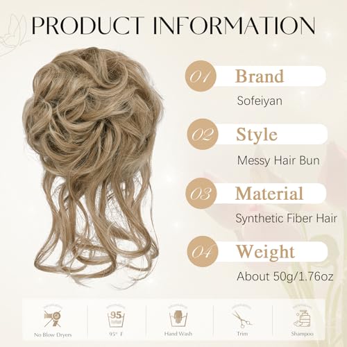 Sofeiyan Messy Bun Hair Piece Curly Wavy Hair Bun Extensions Synthetic Tousled Updo with Tendrils Hairpieces Bun Donut Accessories Scrunchies for Women Light Ash Blonde Mix Pale Blonde - Image 2