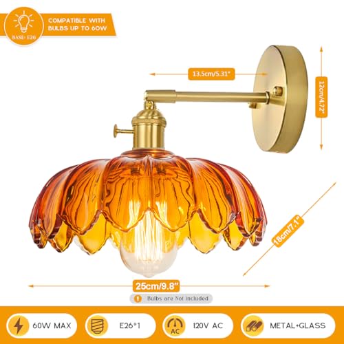 Image of Amber Glass Wall Sconce Brushed Gold Vanity Light 1-Lights Brass Bathroom Light Fixtures Vintage Modern Wall Sconces for Over Mirror Flower Wall Lighting Farmhouse Bath Vanity Lights
