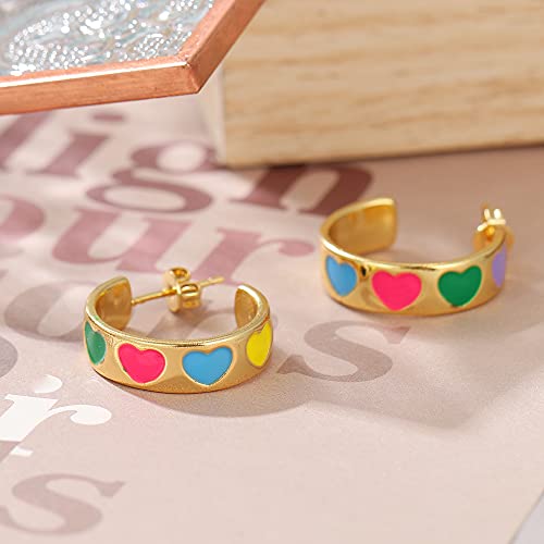 Hoop Earrings For Women 925 Sterling Silver Post Rainbow Color Enamel Heart Hoop Earrings For Girls #TOP3