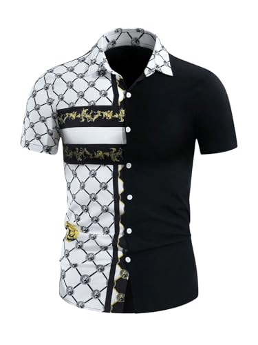 WDIRARA Men's Baroque Printed Dress Shirts Short Sleeve Button Down Business Dress Shirts