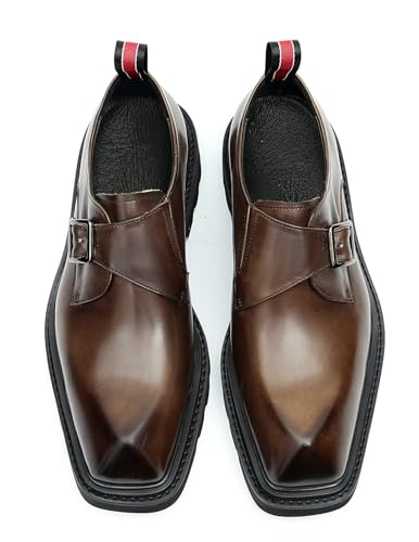 Santimon Men's Genuine Leather Monk Strap Loafers Slip-On Shoes - Single Buckle Square-Toe Mocassins with Lug Rubber Sole for Formal Business Dress Prom Wedding4