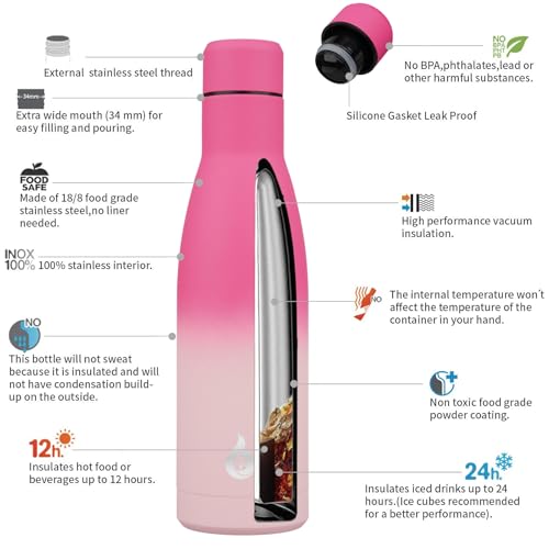 Image of BJPKPK Insulated Water Bottle 17oz Stainless Steel Water Bottles Disawasher Safe Reusable Metal Thermal Keep Cold and Hot,Cherry