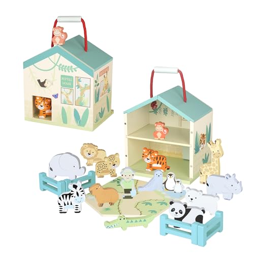 Orange Tree Toys Wooden Zoo Animals Play Set with Portable House, Educational Toy with 12+ Animal Figures and Zookeeper