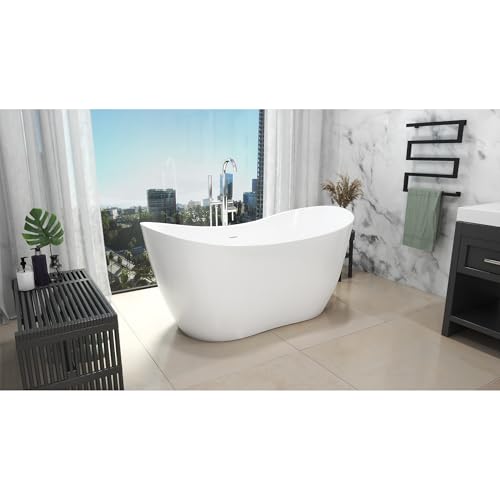 Image of DreamLine Nile 63 inch L x 28 3 /8 inch W x 28 3 /8 inch H Freestanding Acrylic Bathtub with Polished Nickel Drain