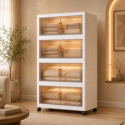 Image of KRISHYAM 4 Tier Plastic Storage Cabinet with Transparent Flip Doors & Wheels, Multipurpose Clothes Organizer for Bedroom, Living Room, Kids Room & Home Storage (4 Layer - 4 Transparent Door (White))