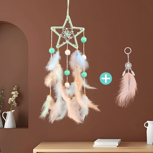 ZIIAMG Green Star Kids Dream Catchers Baby Dreamcatcher Handmade Children Dream Catcher Creative Home Wall Decoration, Handmade Feathers Hanging Decoration for Bedroom