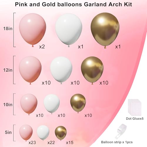 Image of Pink and Gold Balloons Balloons Garland Arch Kit, Pink and White Balloon with Metallic Gold Latex Balloons for Graduation, Wedding, Baby Shower, Engagement, Birthday Party Decorations