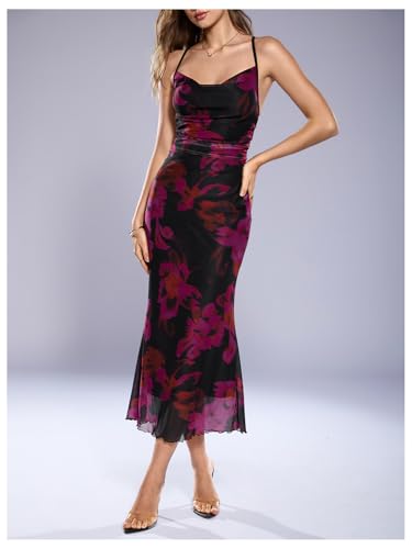 Image of SOLY HUX Women's Floral Mesh Bodycon Cami Dress Cowl Neck Sleeveless Cocktail Party Wedding Guest Long Maxi Dresses