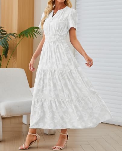 Image of Women's Maxi Dresses Boho Burnout V Neck Short Puff Sleeve Smocked Empire Waist Long Wedding Guest Semi Formal Dress Pockets